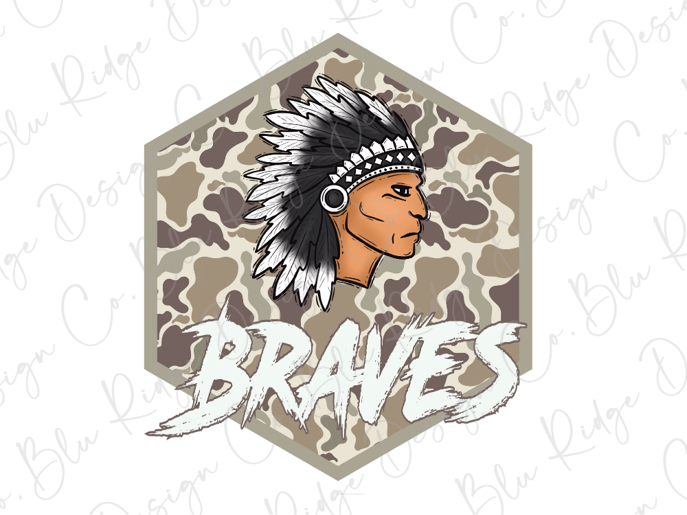 a Native American headdress with the word "Braves" written below it.