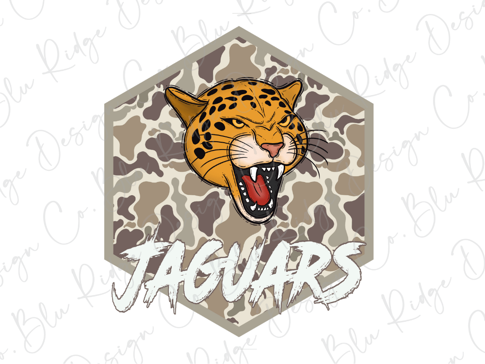 A stylized illustration of a jaguar's head with its mouth open, set against a camouflage pattern. The word "JAGUARS" is prominently displayed below the illustration.