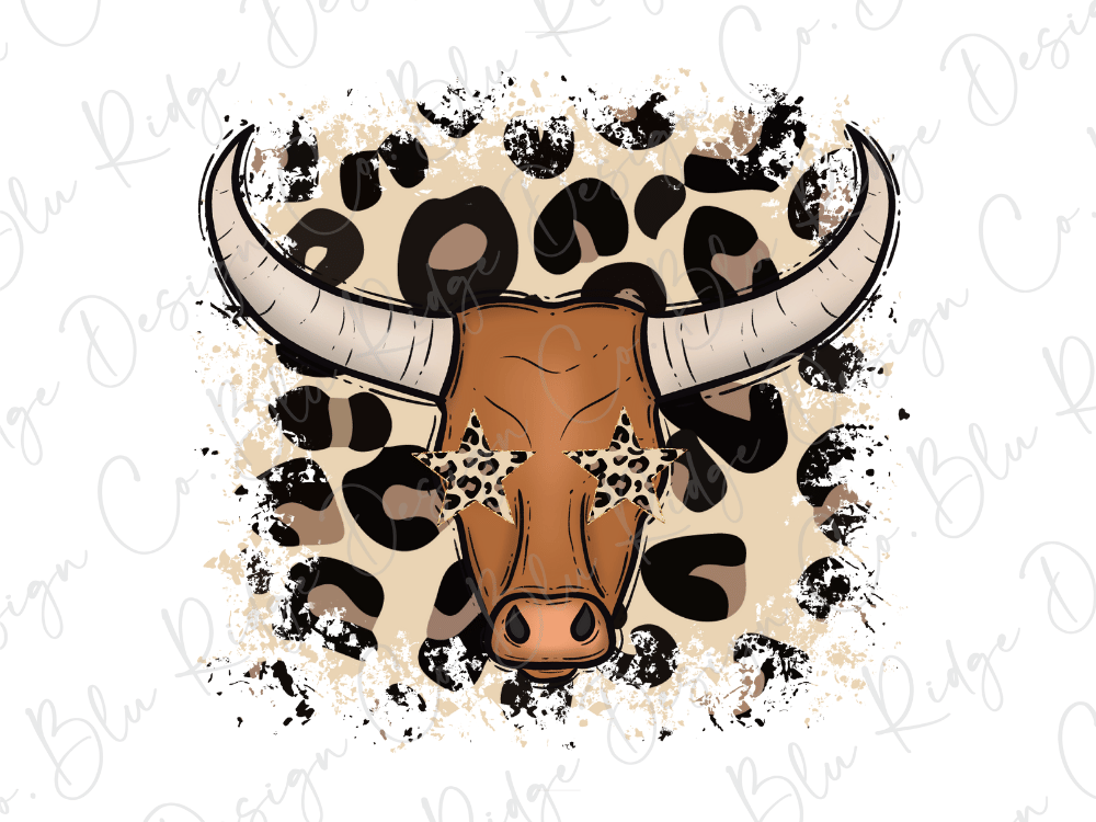 A stylized illustration of a bull's head with large horns and star-shaped eyes, set against a background of leopard print.