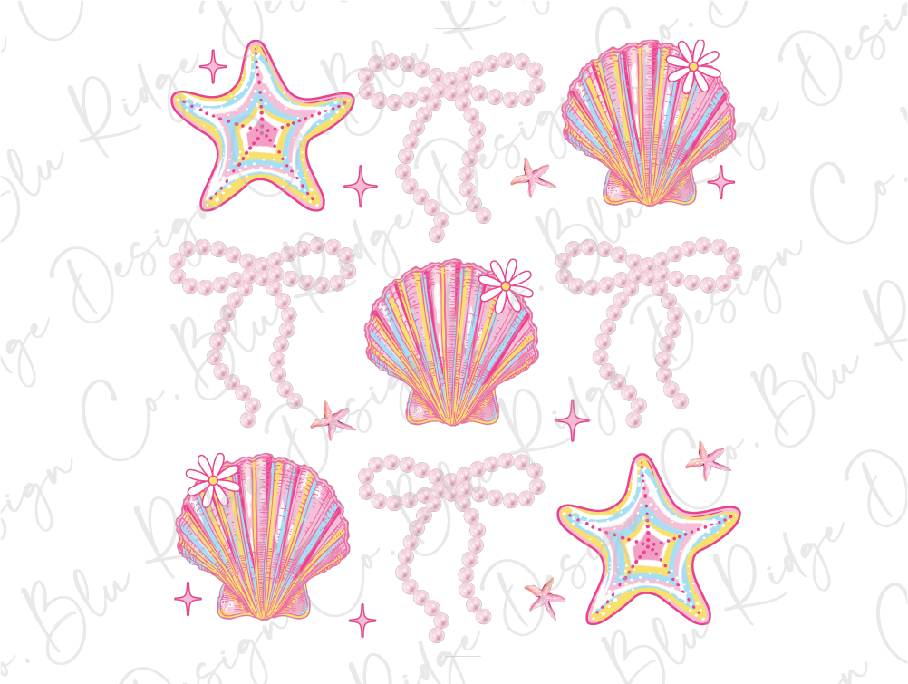a group of starfish and seashells on a white background