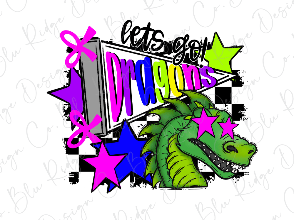 A colorful and vibrant illustration featuring a dragon-like creature surrounded by various shapes, including stars, lines, and text.