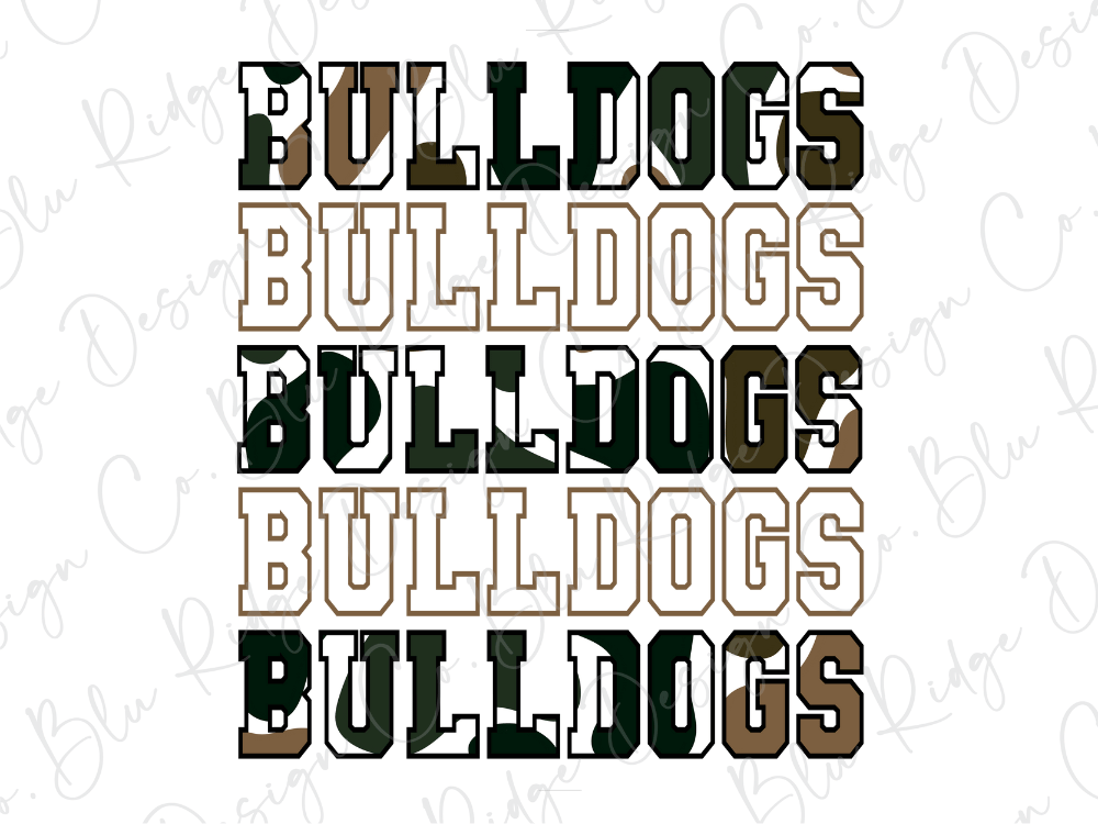 the word "Bulldogs" repeated in various sizes and orientations, creating a visually striking and textured effect.