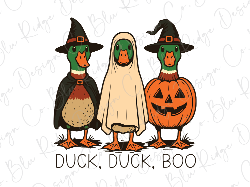three ducks dressed in Halloween costumes, including a witch's hat, a ghost, and a carved pumpkin, with the text "Duck, Duck, Boo" below them.