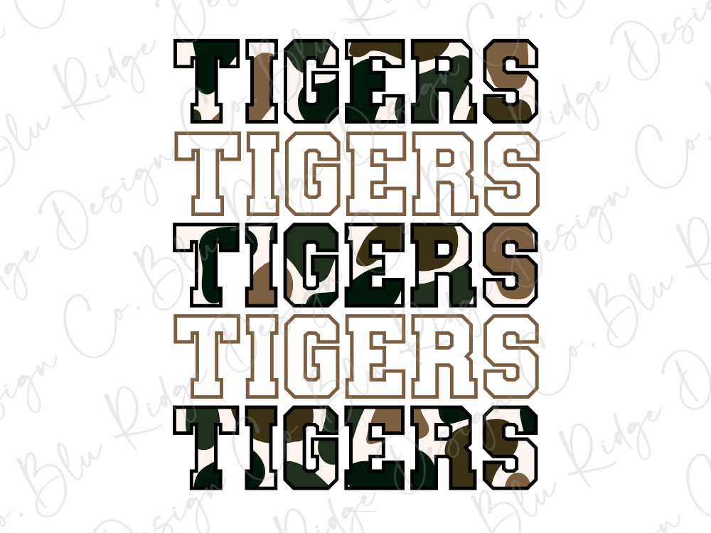 the text "TIGERS TIGERS TIGERS" in a camouflage pattern, with the letters arranged in a vertical format.
