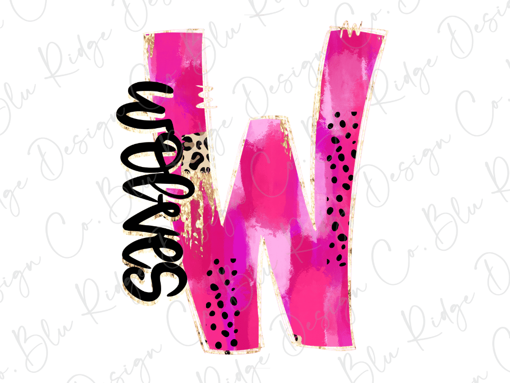 a large pink letter "W" with black polka dots and a stylized text "Wolves" written in a cursive font.