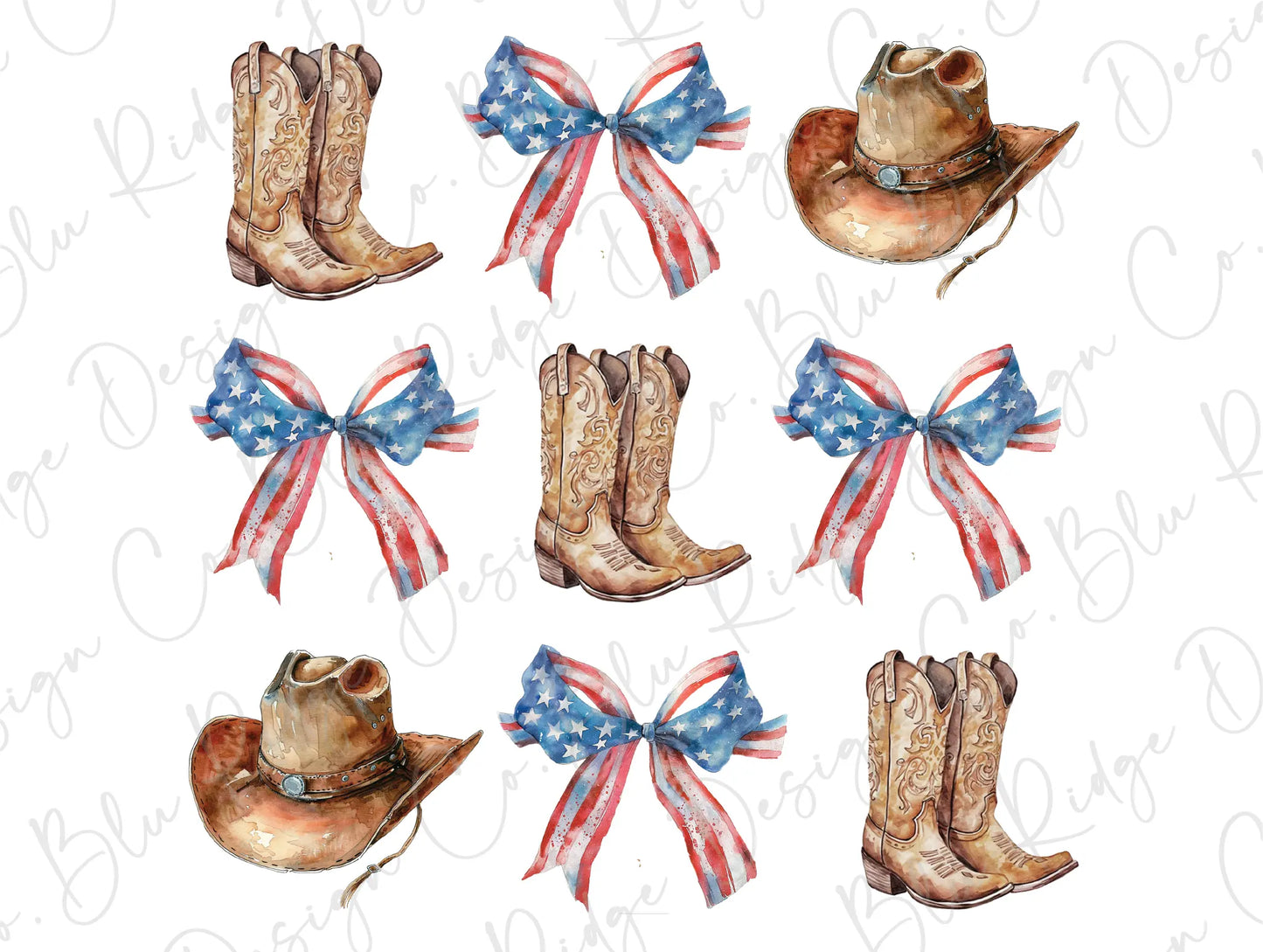 a watercolor painting of cowboy boots and a flag bow