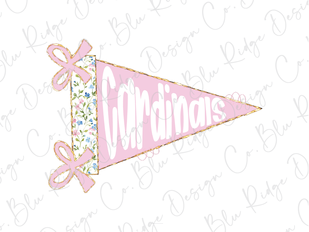 A pink triangular flag with the word "Cardinals" written on it, along with two pink bows.