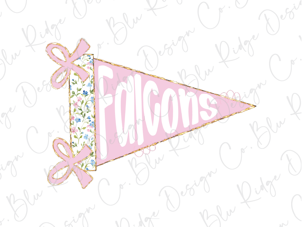 A pink triangular flag with the word "Falcons" written on it, along with two pink bows.