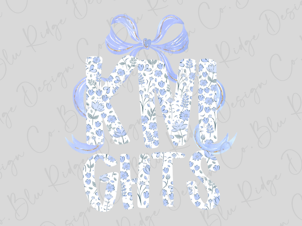 a floral pattern with the letters "KNO GITS" in a decorative font, surrounded by a blue ribbon.