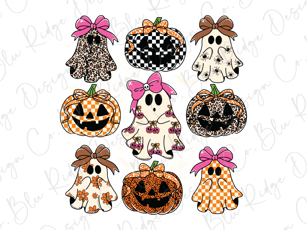 nine Halloween-themed ghost characters, each with unique designs and colors. The ghost characters are arranged in a 3x3 grid, with each row containing one ghost and one pumpkin. The Halloween pumpkins are depicted in various sizes and colors, creating a festive and spooky atmosphere.
