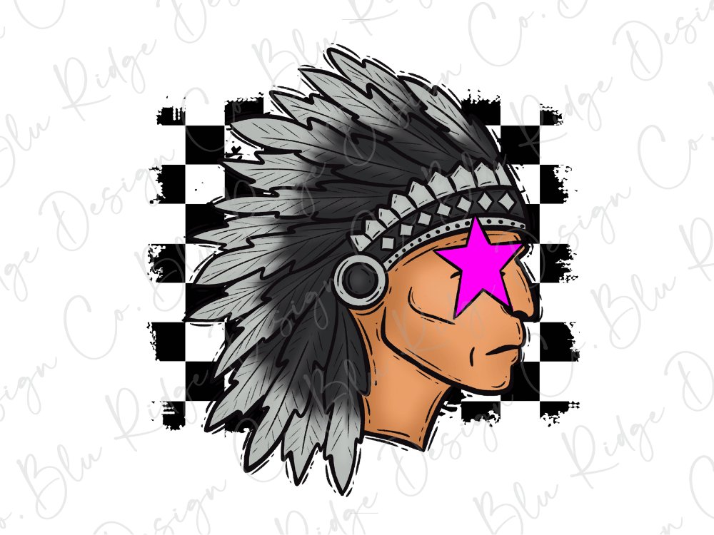 a stylized illustration of a Native American headdress with a pink star on the forehead.