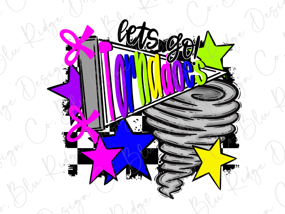 The image is a colorful and vibrant collage featuring a tornadoes, stars, and text.