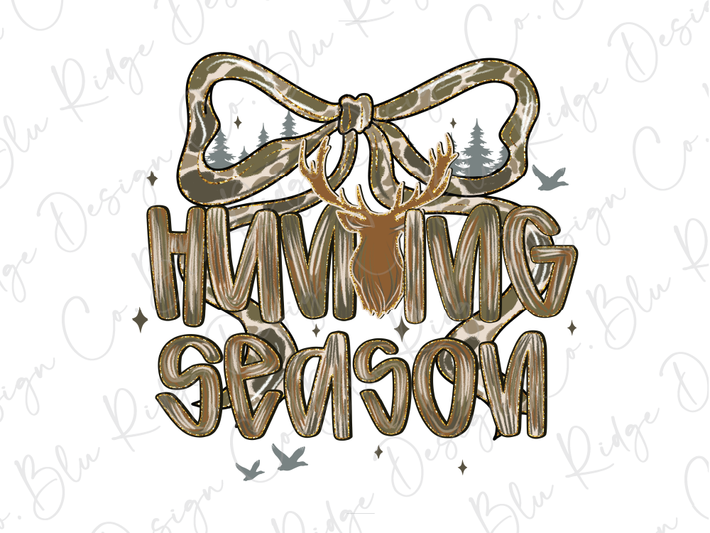 a stylized text that reads "Hunting Season" with a deer head and antlers incorporated into the design.