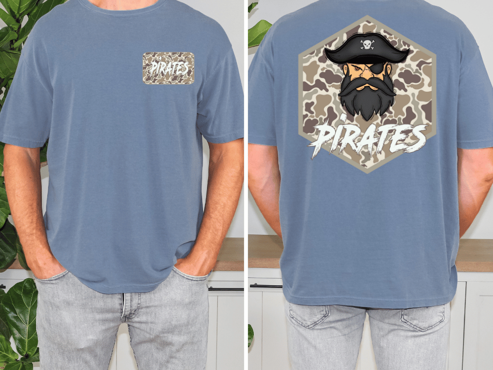 a man wearing a blue t-shirt with a pirate-themed design on the back. The design features a pirate's face with a beard and a black hat, along with the word "PIRATES" written below the image.