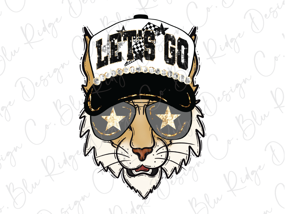 A stylized illustration of a cat wearing sunglasses with the text "LET'S GO" on a hat.