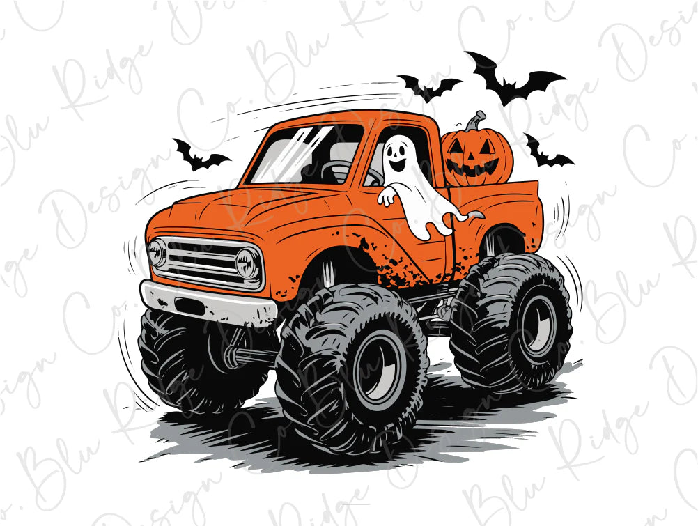 Halloween Monster Truck Ghost Pumpkin Graphic T-Shirt
