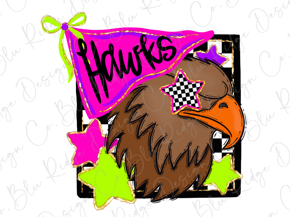 A colorful illustration featuring a brown eagle with a checkered star on its head, surrounded by pink and green stars, with a pink banner displaying the word "Hawks" in the background.