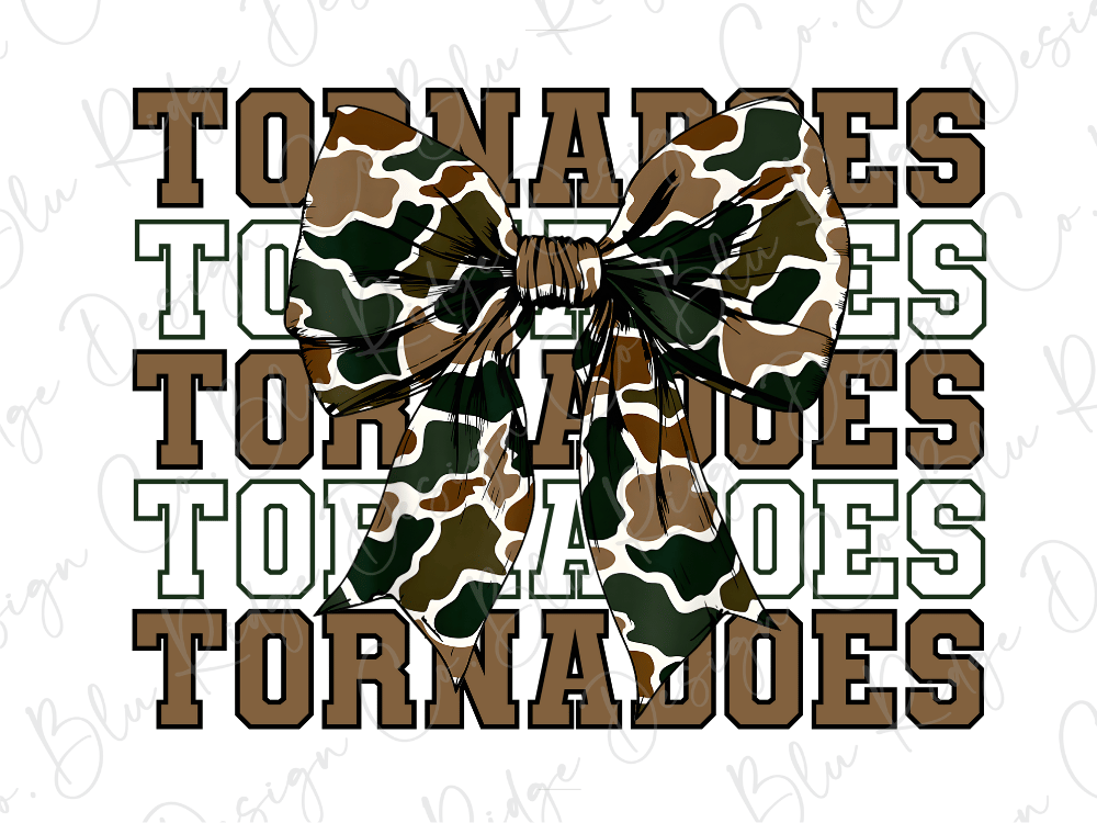 A camouflage bow is prominently displayed in the center of the image, surrounded by the repeated text "TORNADOES" in a stylized font.