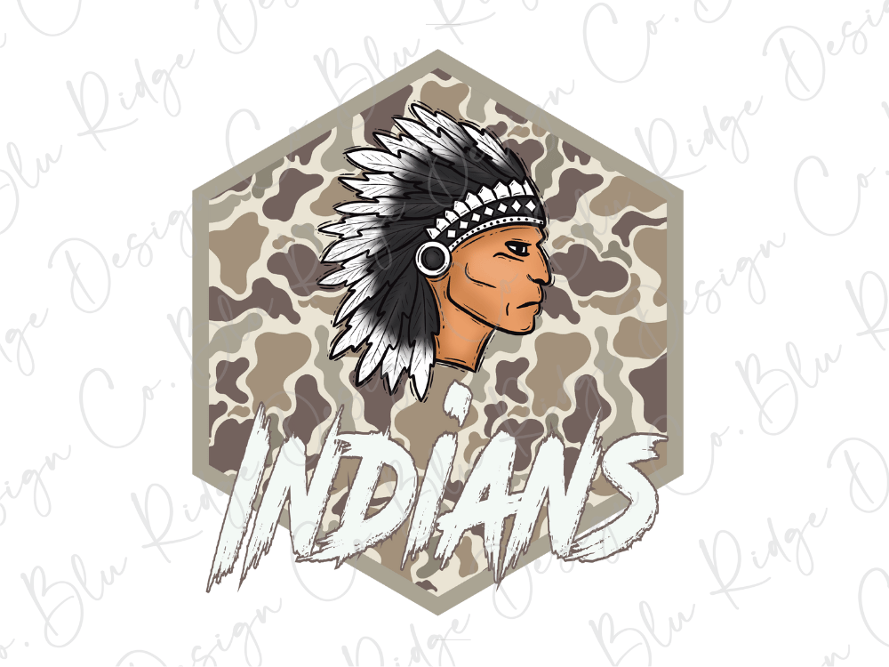 a Native American headdress with the word "INDIANS" written below it, set against a camouflage pattern.