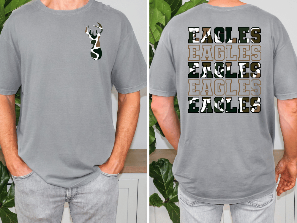 a man wearing a gray t-shirt with a camouflage pattern and the word "EAGLES" printed on the back.