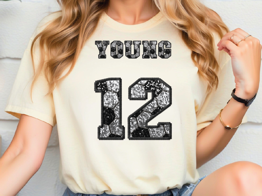 a woman wearing a young 12th birthday t - shirt