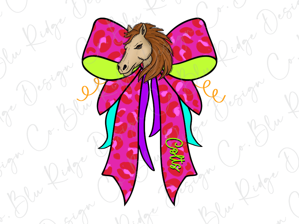 A colorful illustration of a horse's head wearing a pink bow with a leopard print pattern.