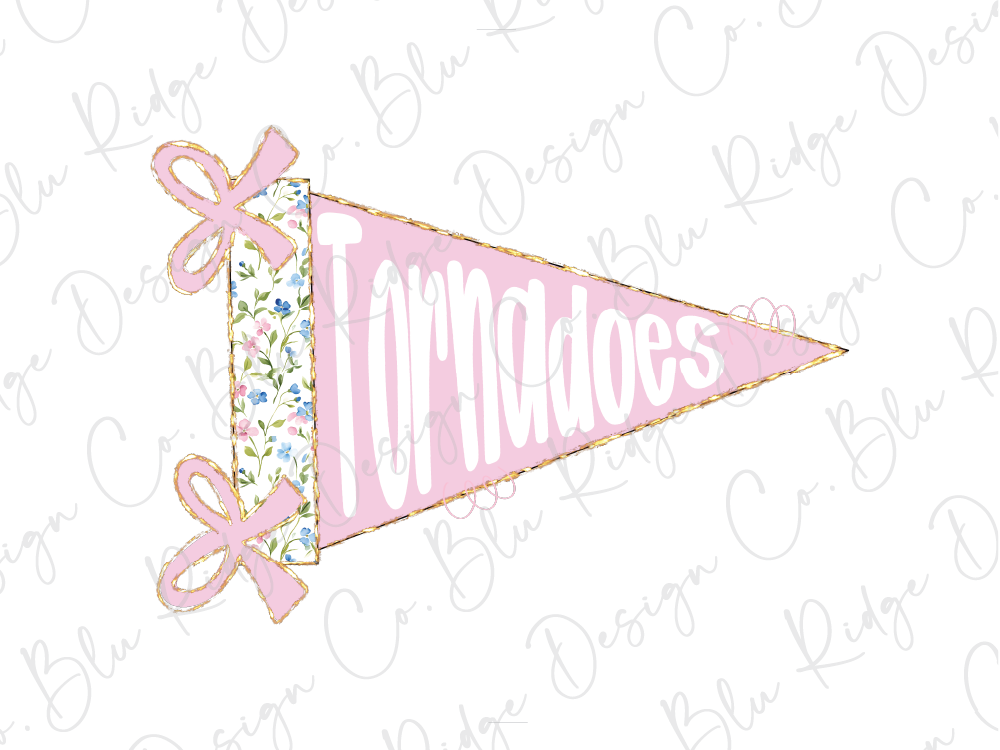 A pink triangular flag with the word "Tornadoes" written on it, along with two pink bows.