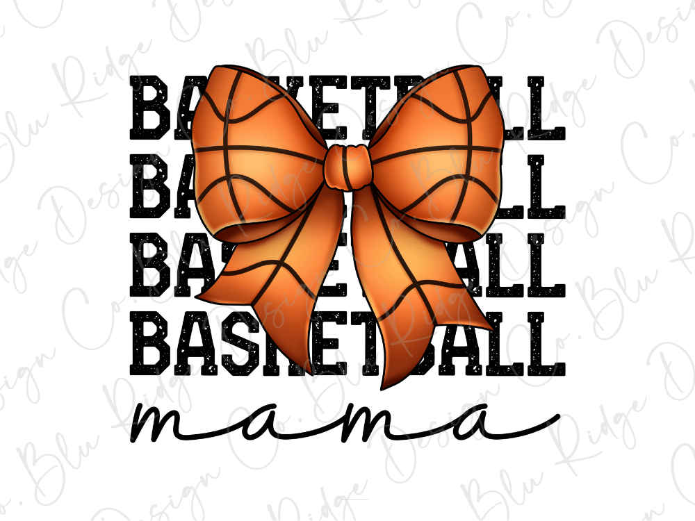 A basketball with a large orange bow on it, accompanied by the text "mama" written below.