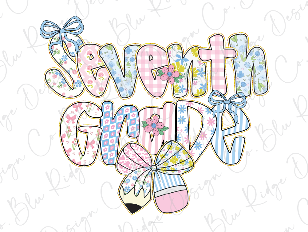 the words seventh grade are decorated with flowers and bows