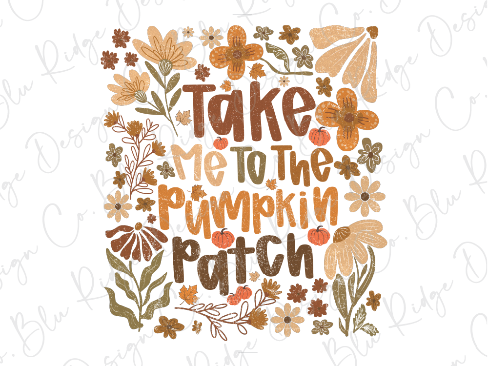 a colorful and whimsical design featuring various autumn-themed elements such as flowers, leaves, and pumpkins. The text "Take me to the pumpkin patch" is prominently displayed in the center of the image, surrounded by these seasonal motifs.