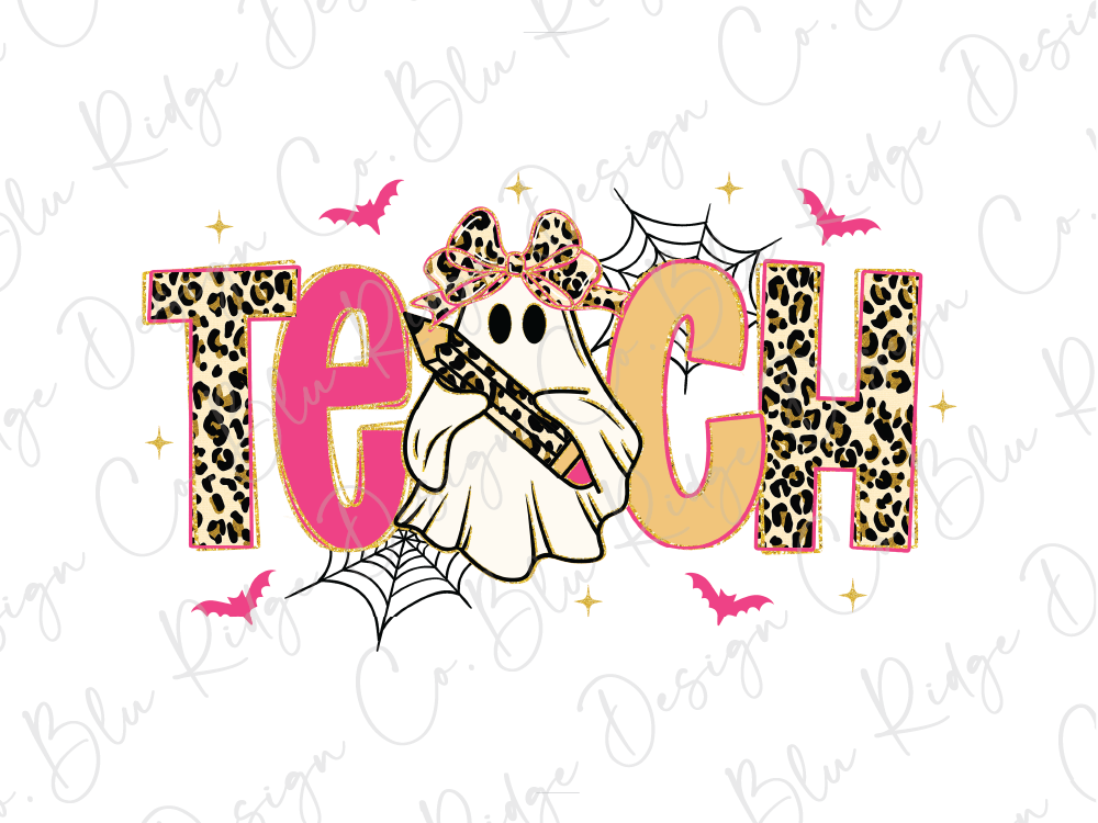 A stylized image featuring the word "TEACH" with a ghost-like figure holding a pencil, surrounded by leopard print elements and bats.