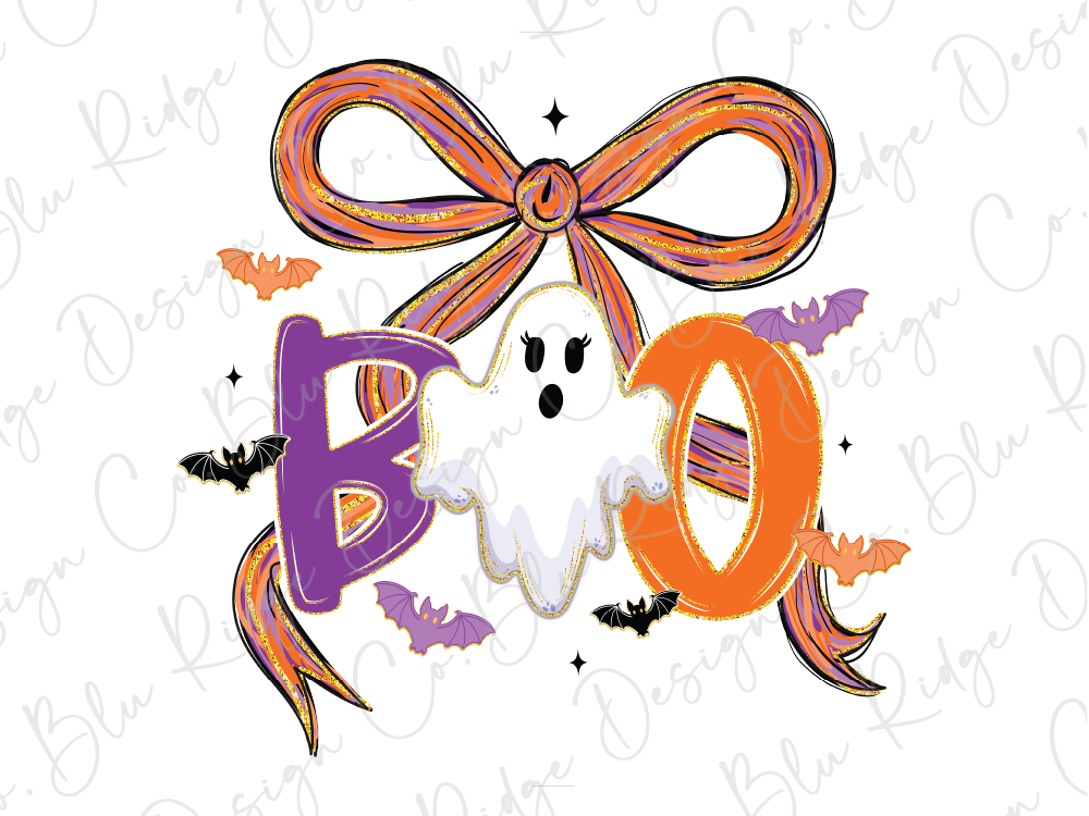 a Halloween-themed design with a ghost, a bow, and bats.