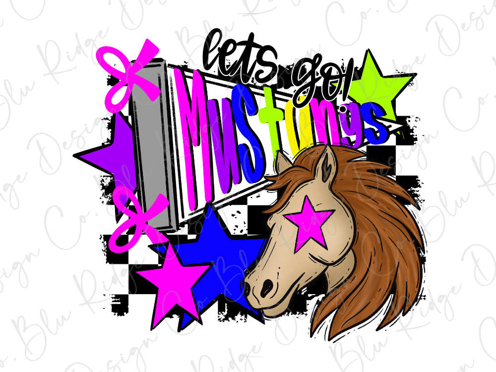 A colorful and stylized graphic design featuring a stylized horse head, stars, and text.