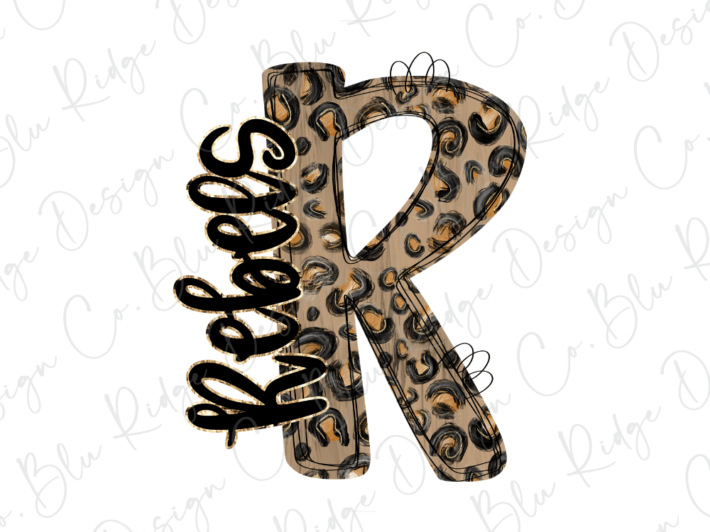A stylized letter "R" with a leopard print pattern, featuring the word "Rebels" written in cursive script.