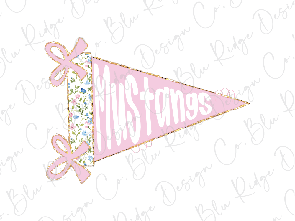 A pink triangular flag with the word "Mustangs" written on it, along with two pink bows.