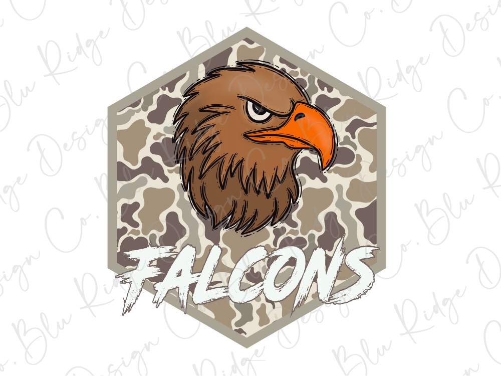 a stylized eagle head with a camouflage pattern, accompanied by the word "FALCONS" written below it.