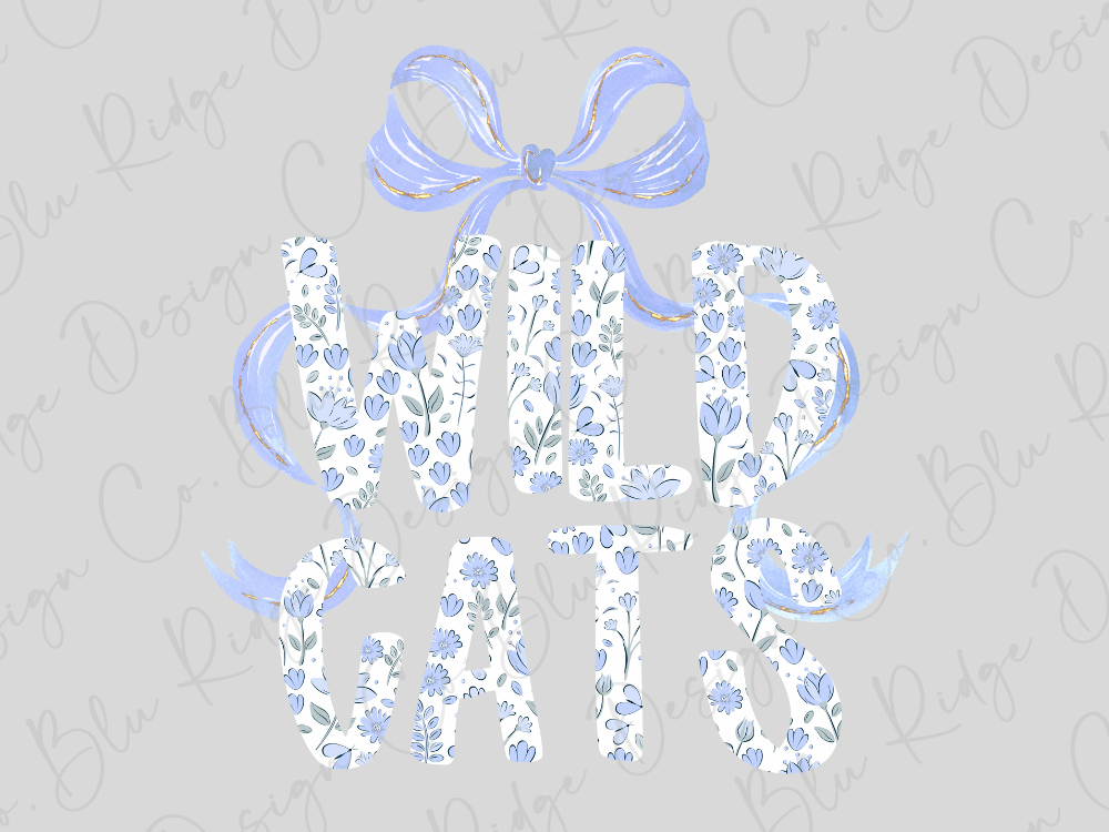 the word "WILD GATS" in a stylized, floral design with a blue bow.