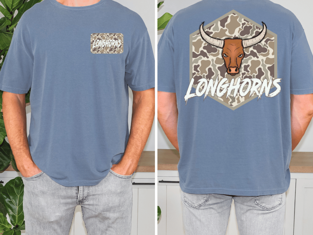 a man wearing a blue t-shirt with a graphic design featuring a bull's head and the word "Longhorns" written on it.