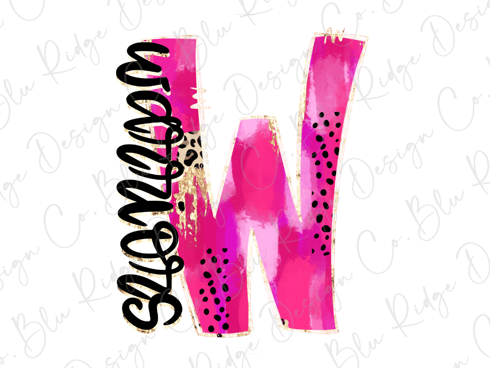 a large pink letter "W" with black polka dots and a stylized, abstract design around it.