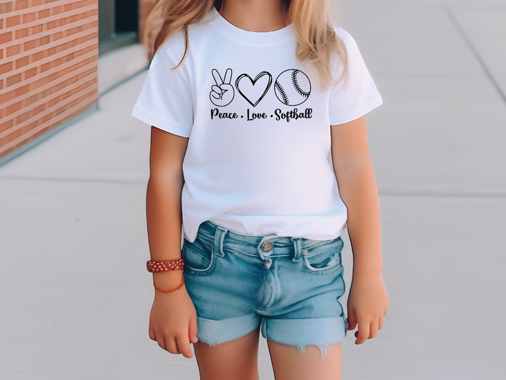 a little girl wearing a peace love softball t - shirt
