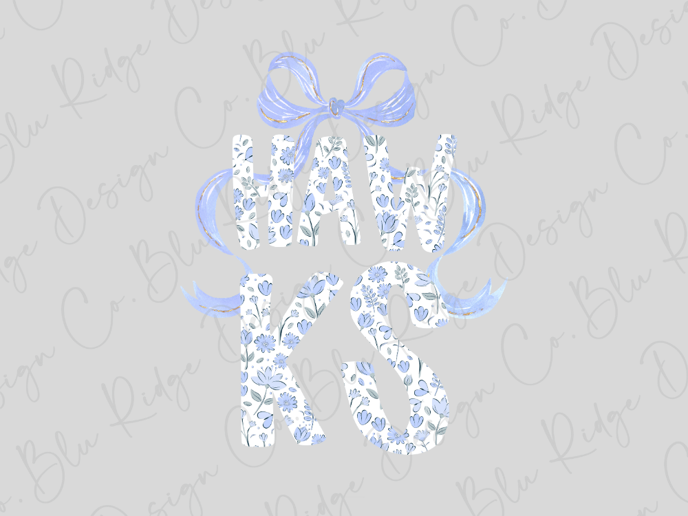 A floral pattern with the word "HATS" written in a decorative font, surrounded by a blue ribbon bow.