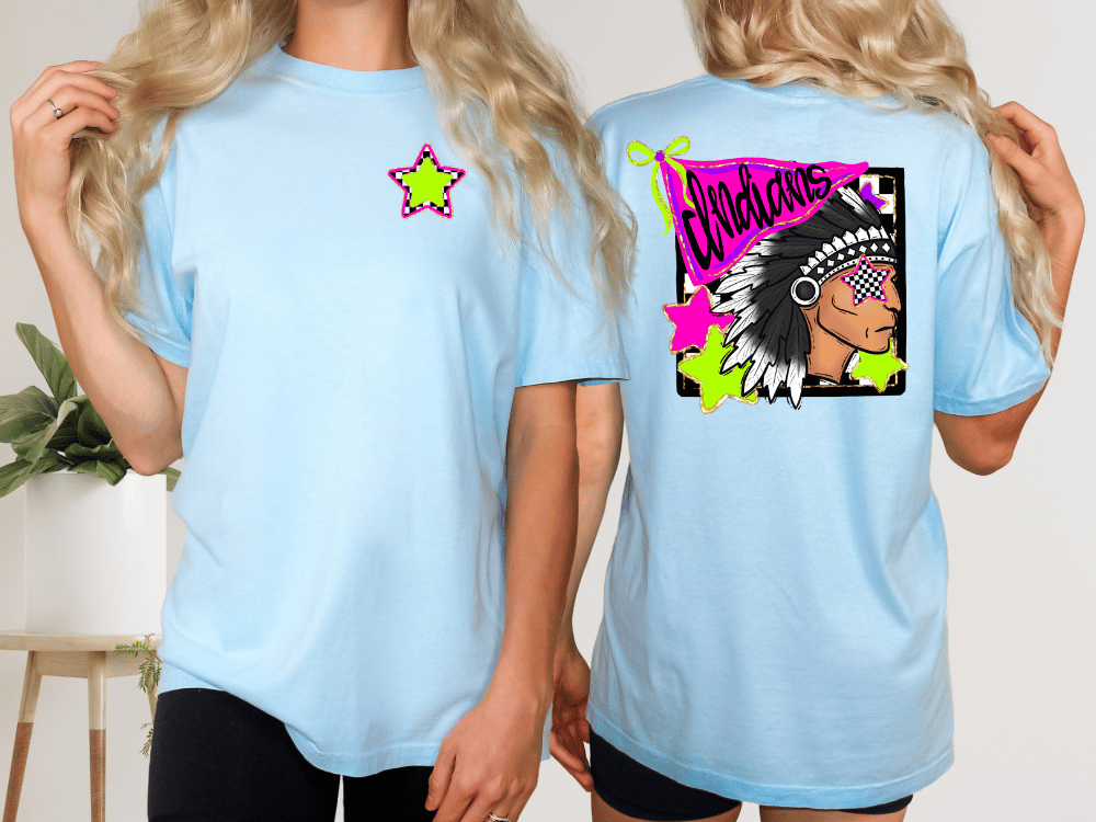 two different views of a woman wearing a light blue t-shirt with a graphic design on the back.