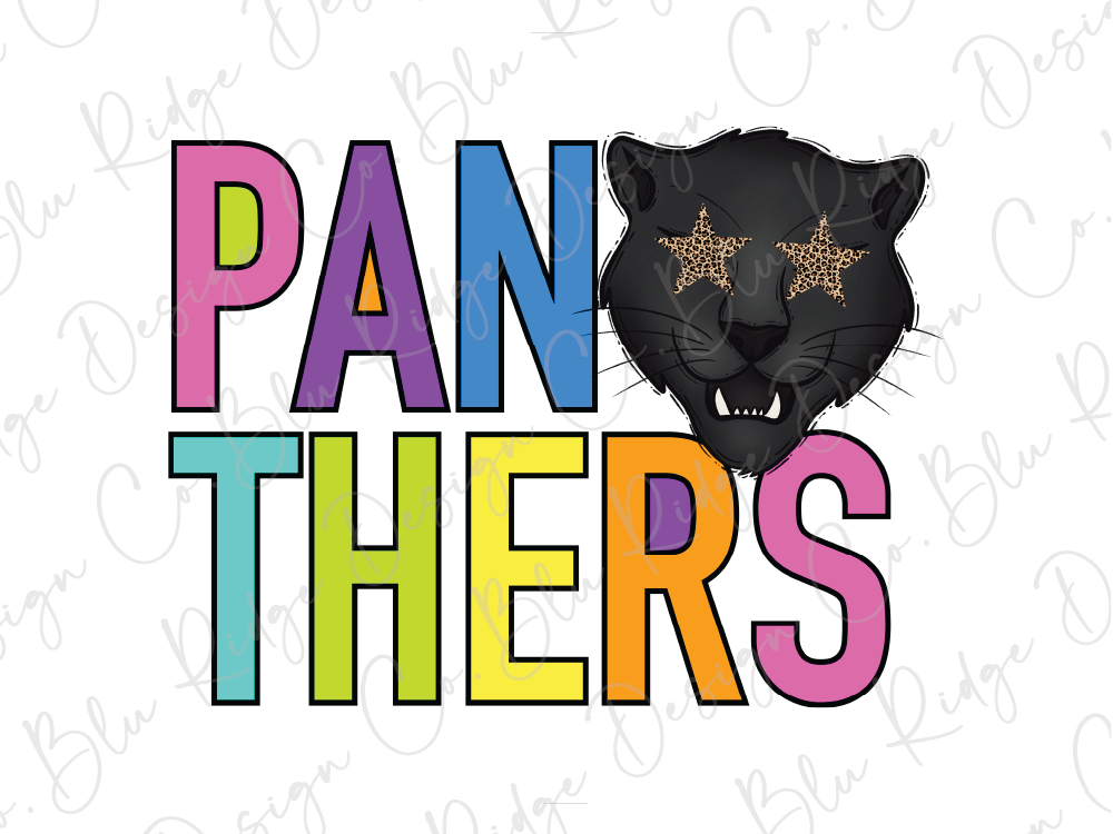 a black panther with star-shaped eyes, accompanied by the text "PANTHERS" in a colorful, stylized font.