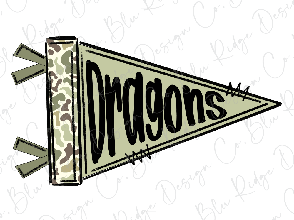 A flag with the word "Dragons" written on it in a stylized font.