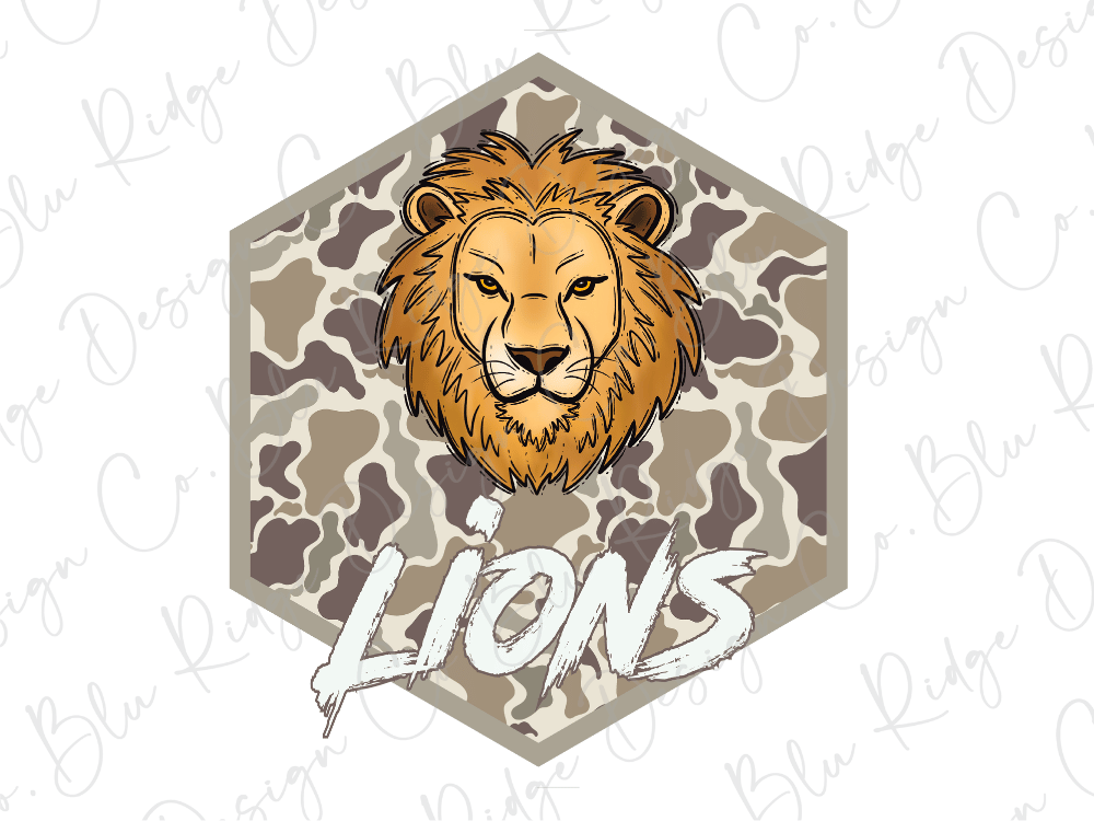 A stylized illustration of a lion's head in a camouflage pattern, with the word "LIONS" written below it.