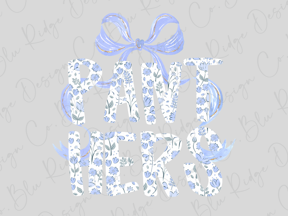 the word "PANThers" written in a stylized, floral-patterned font, with a large blue bow above the text.