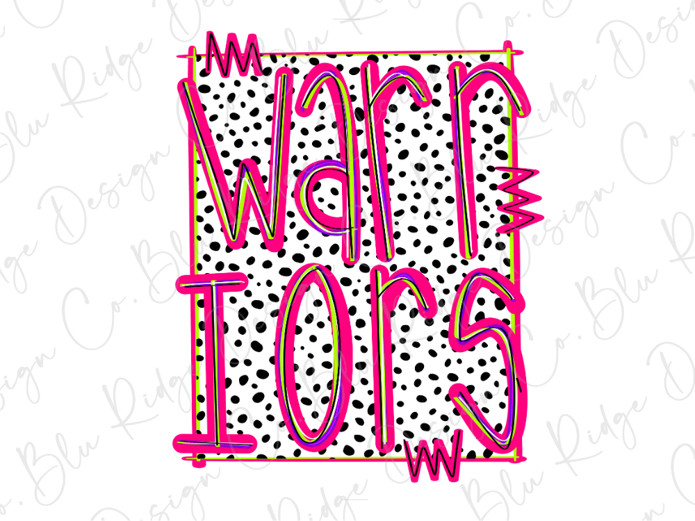 the text "Warriors" in a bold, pink font against a background of black and white polka dots.