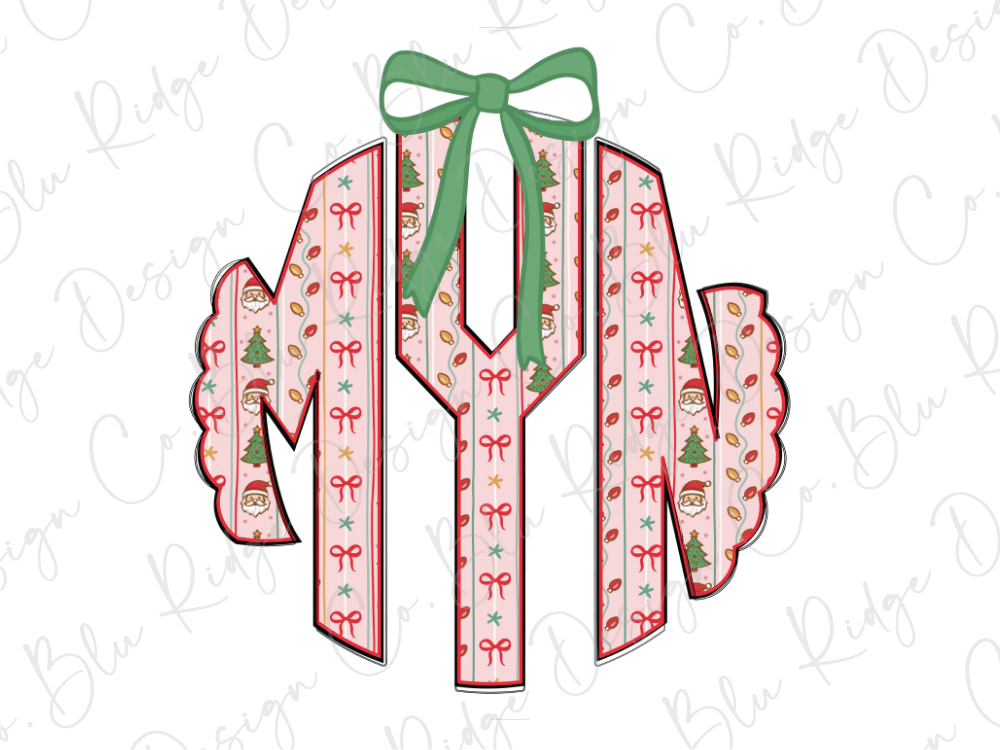 A monogram made up of various Christmas-themed elements, including a bow, Santa Claus, and other festive designs.