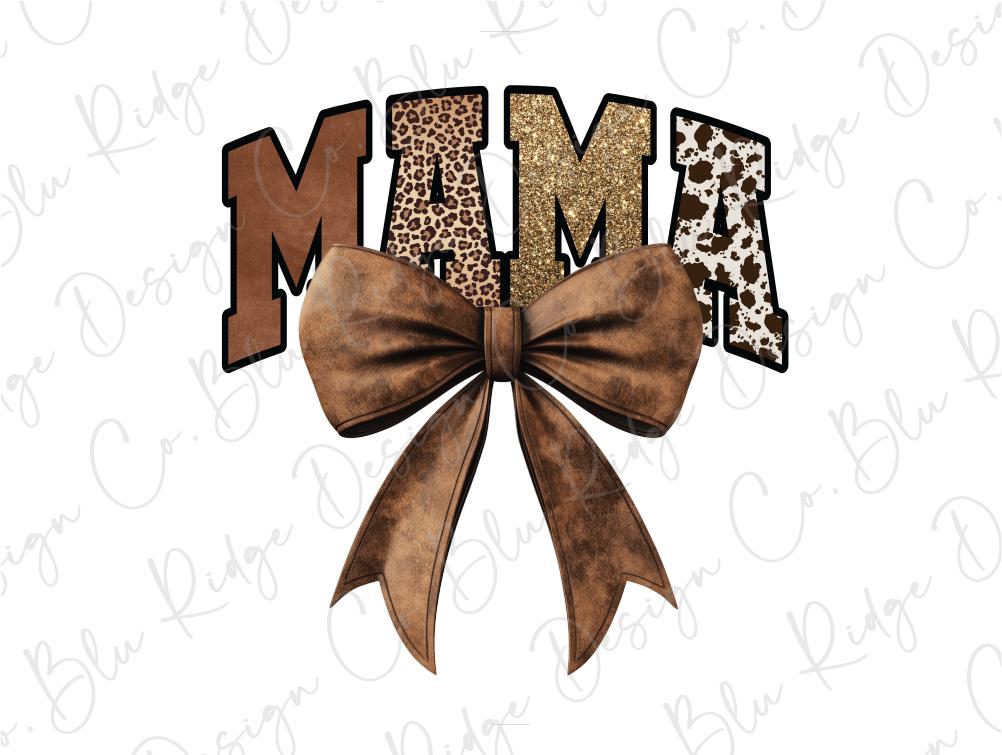 the word mama with a leopard print bow on it