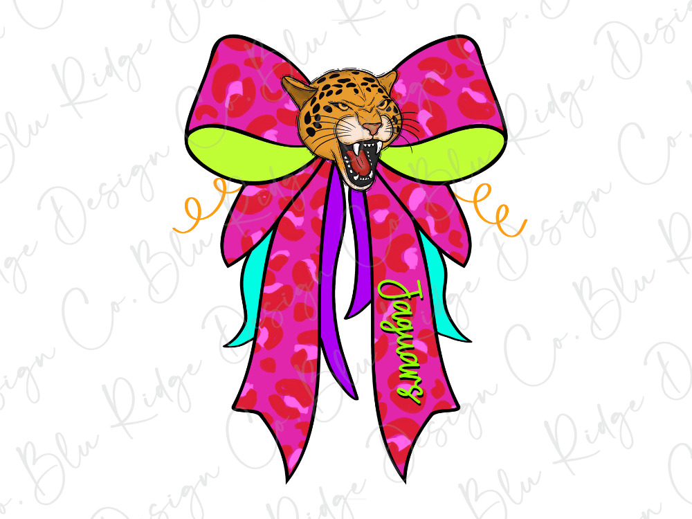 A stylized illustration of a leopard's head wearing a pink bow with a green and yellow pattern.